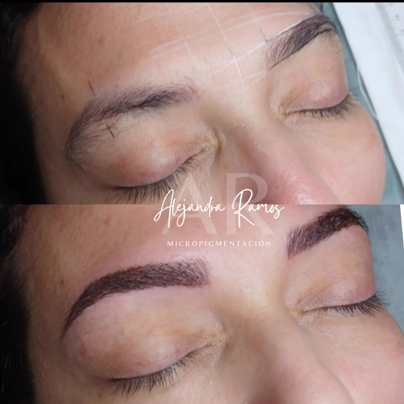 Cejas rellenadas con microblading, antes y después de la sesión
