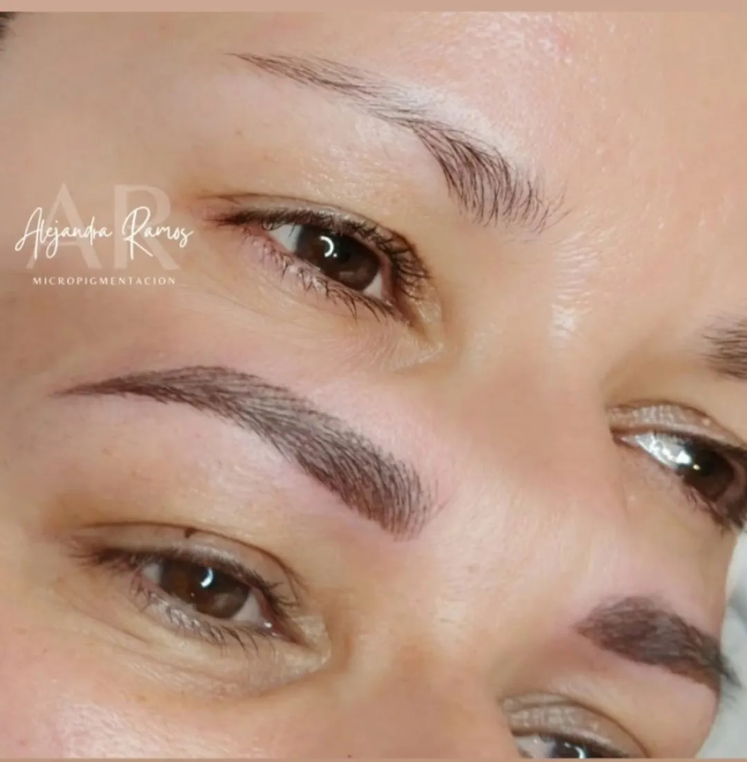 Primer plano del trazo pelo a pelo de un microblading recién terminado