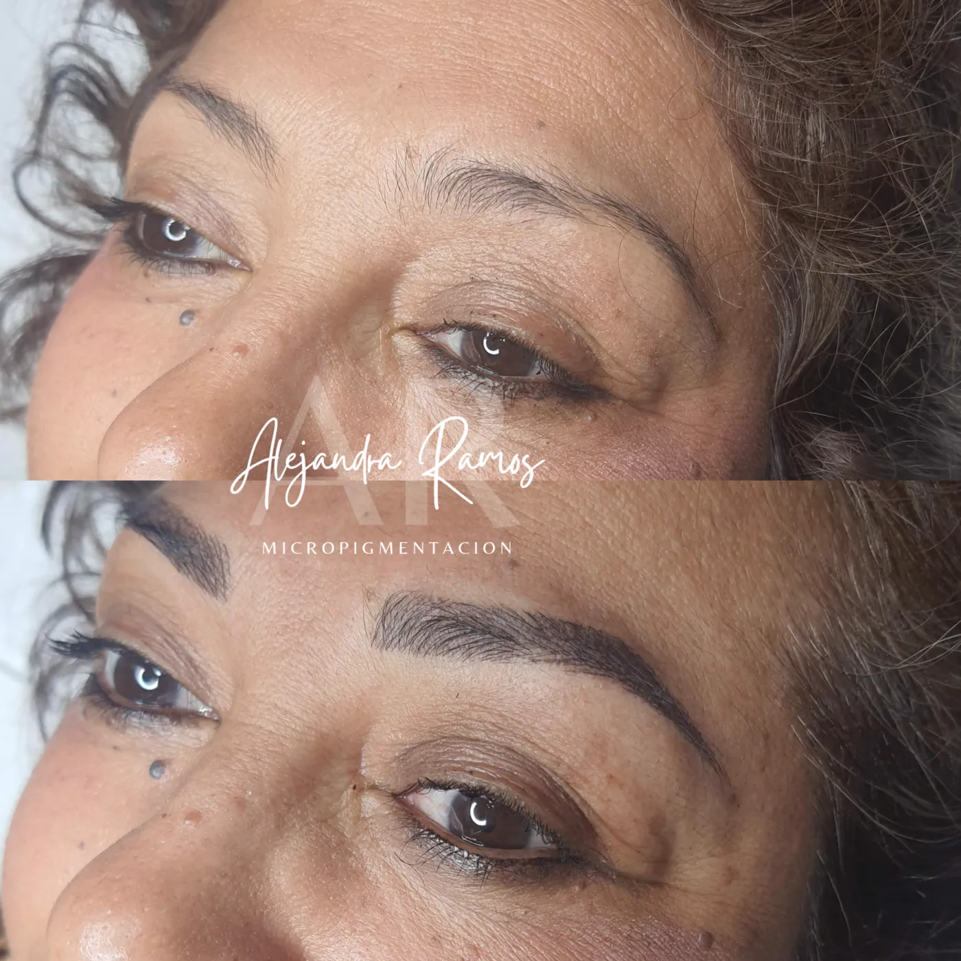 Antes y después de micropigmentación de cejas en una clienta de piel madura