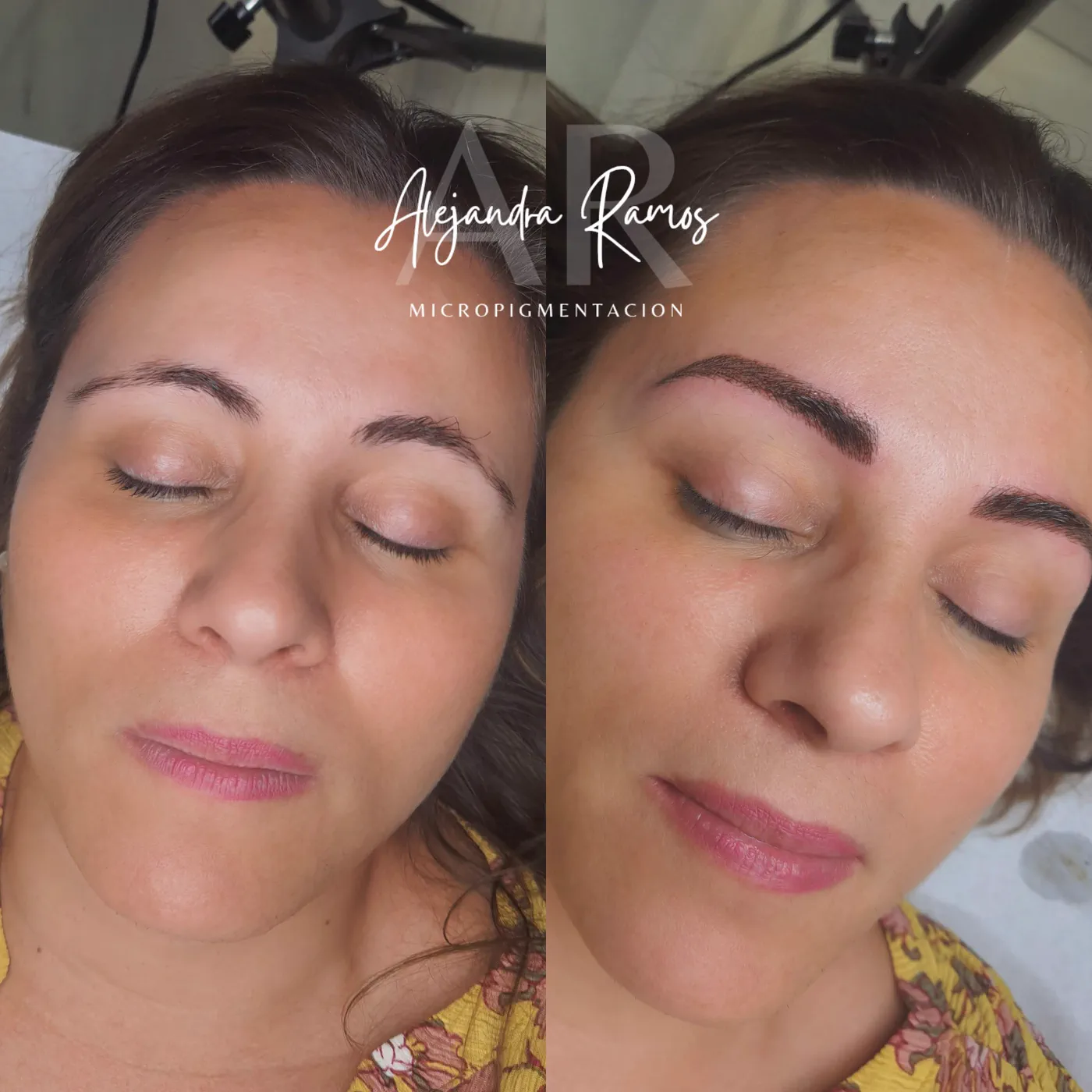 Rostro completo antes y después de una micropigmentación de cejas
