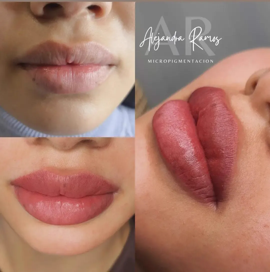 Labios antes y después de la micropigmentación, con más definición del contorno